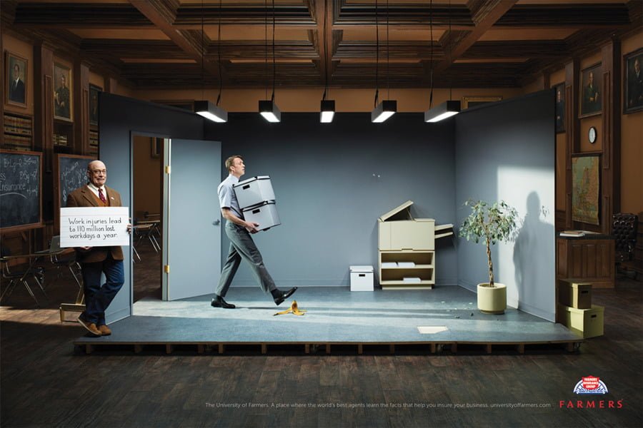 man on stage set about to slip on a banana peel