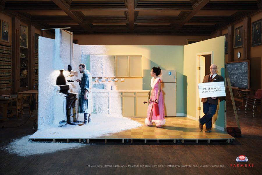 stage set of kitchen after a fire